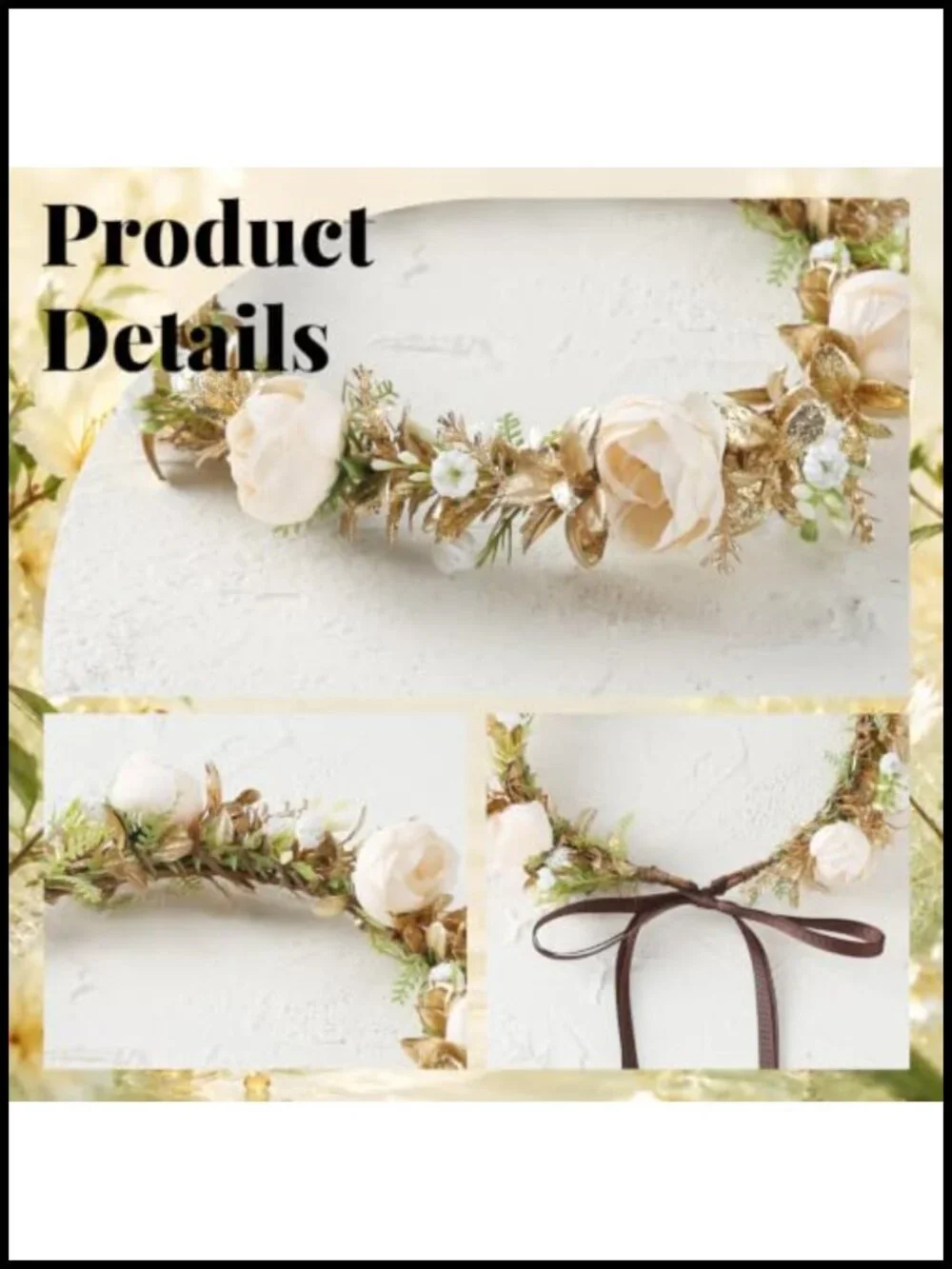 Fairy White Flower Crown Gold Green Woodland Headband Boho Bridal